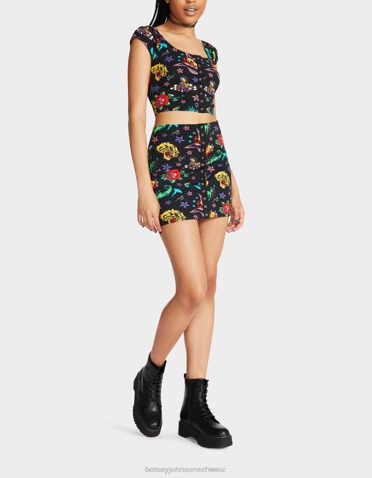 Frauen Betsey Johnson 80 Bash-Minirock-Tattoo mit Schnappverschluss vorne Tattoo Pri Kleidung ZJFF288