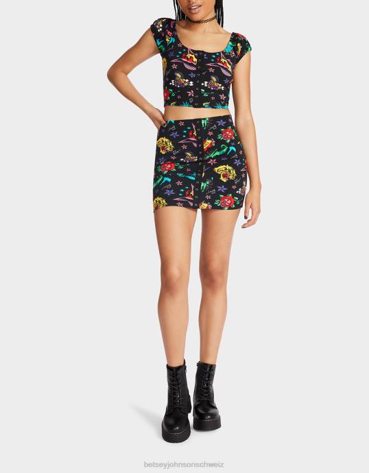 Frauen Betsey Johnson 80 Bash-Minirock-Tattoo mit Schnappverschluss vorne Tattoo Pri Kleidung ZJFF288