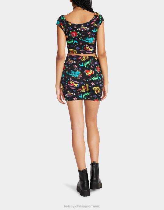 Frauen Betsey Johnson 80 Bash-Minirock-Tattoo mit Schnappverschluss vorne Tattoo Pri Kleidung ZJFF288