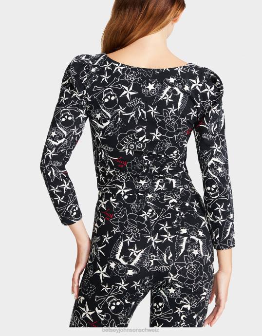Frauen Betsey Johnson Hübsches im Punk-Vintage-Stil inspiriertes Oberteil mit Puffärmeln drucken Kleidung ZJFF295