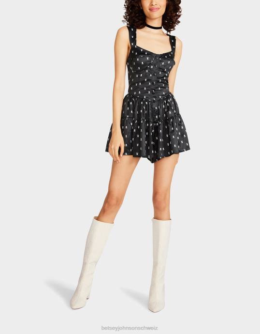 Frauen Betsey Johnson Totenkopf-Strampler Schwarz Kleidung ZJFF277