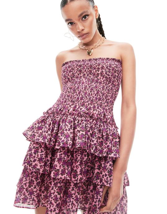 Frauen Betsey Johnson Trägerloses Vintage-Minikleid mit Blümchenmuster Rosa Kleidung ZJFF294
