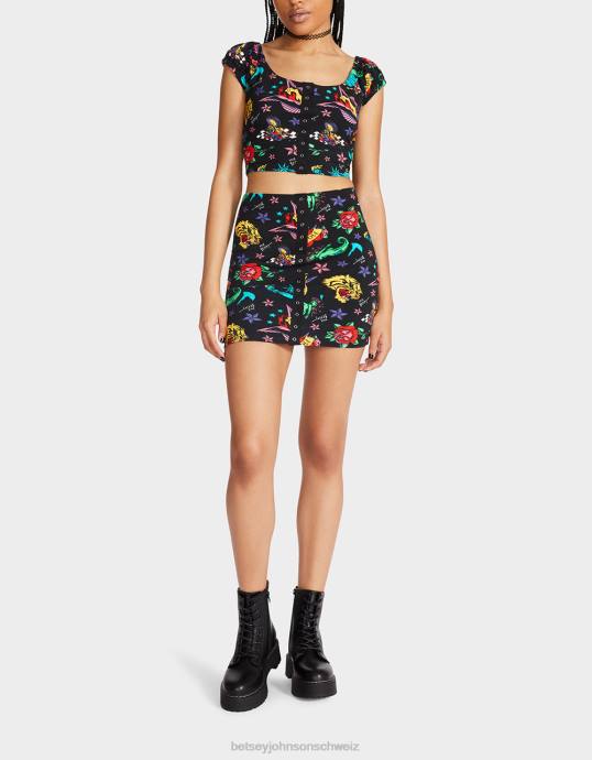 Frauen Betsey Johnson 80. Bash-Minirock-Tattoo mit Schnappverschluss vorne Tattoo Pri Kleidung ZJFF288