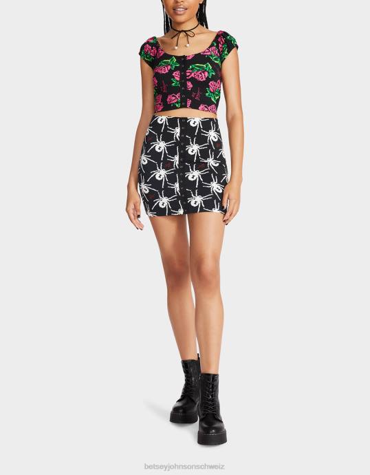 Frauen Betsey Johnson 80th-Bash-Minirock mit Druckknöpfen vorne Schwarz-Weiss Kleidung ZJFF297