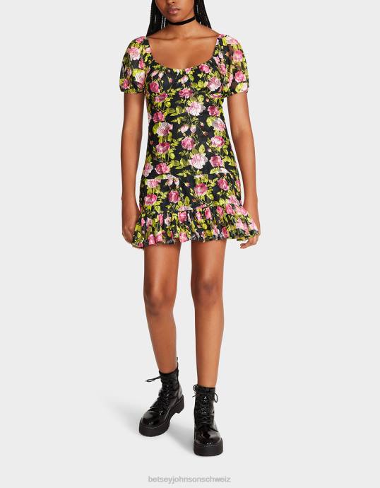 Frauen Betsey Johnson Vintage-Minikleid mit Blumenmuster Schwarz Kleidung ZJFF282