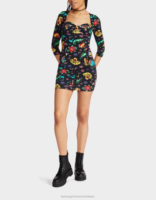 Frauen Betsey Johnson 80. Bash-Korsett-Raglan-Oberteil-Tattoo Tattoo Pri Kleidung ZJFF292