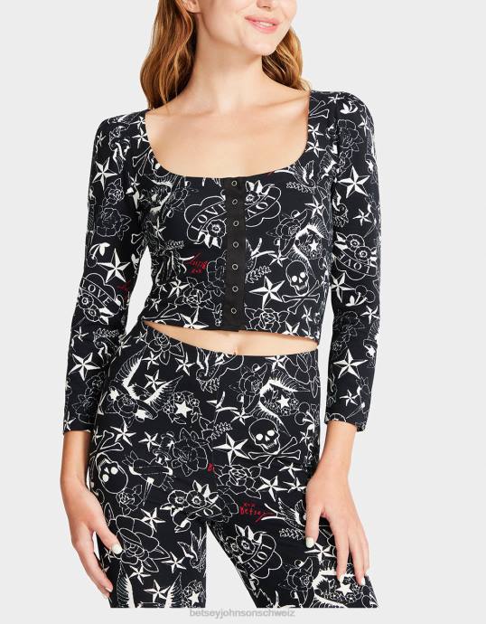 Frauen Betsey Johnson Hübsches, im Punk-Vintage-Stil inspiriertes Oberteil mit Puffärmeln drucken Kleidung ZJFF295