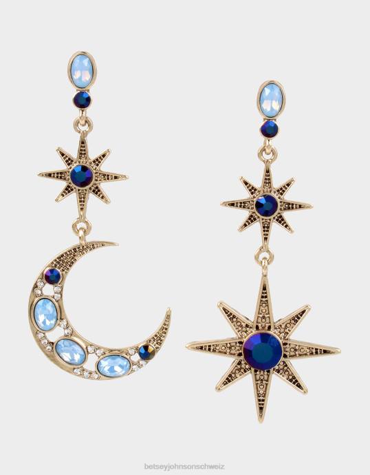 Frauen Betsey Johnson Himmlische Stern- und Mond-Mismatch-Ohrringe Blau Schmuck ZJFF322