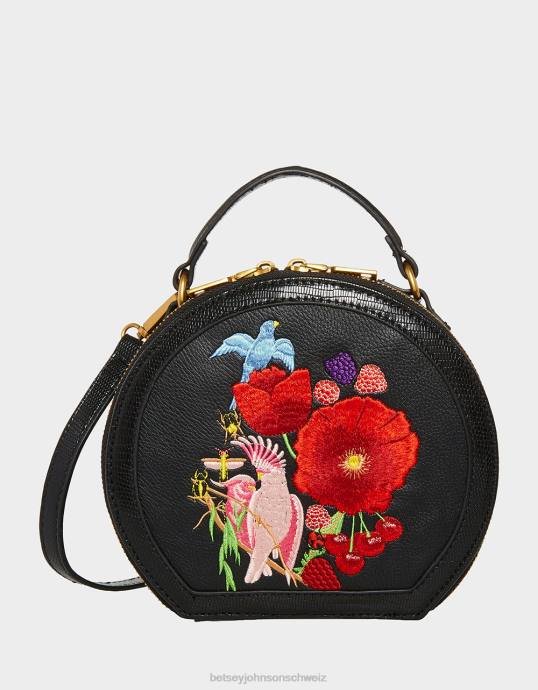 Frauen Betsey Johnson Vintage bestickte Hutschachtel-Umhängetasche Schwarz Zubehör ZJFF234