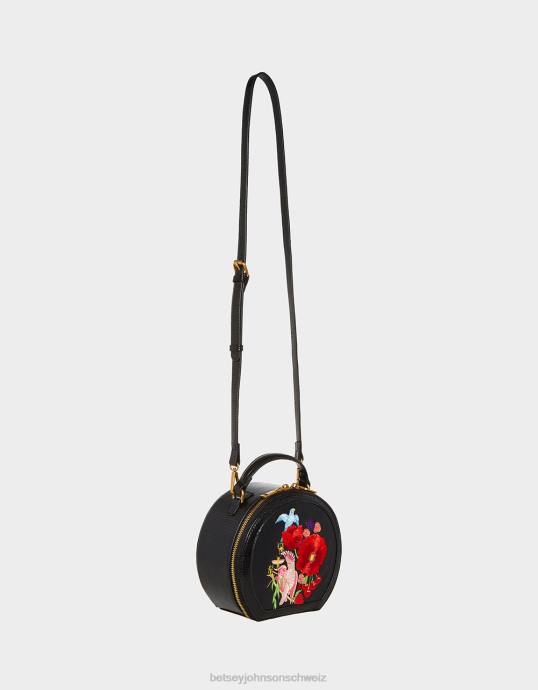 Frauen Betsey Johnson Vintage bestickte Hutschachtel-Umhängetasche Schwarz Zubehör ZJFF234